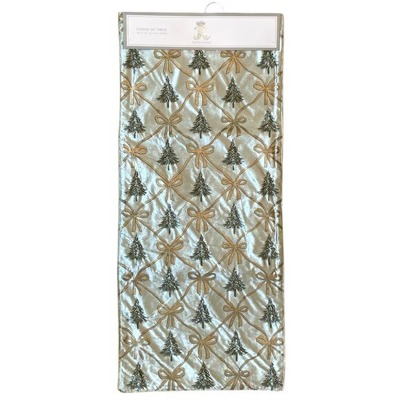RACHEL ASHWELL Beaded Christmas Tree Bow Table Runner 16x90 Mint Green Gold NEW - Picture 2 of 16